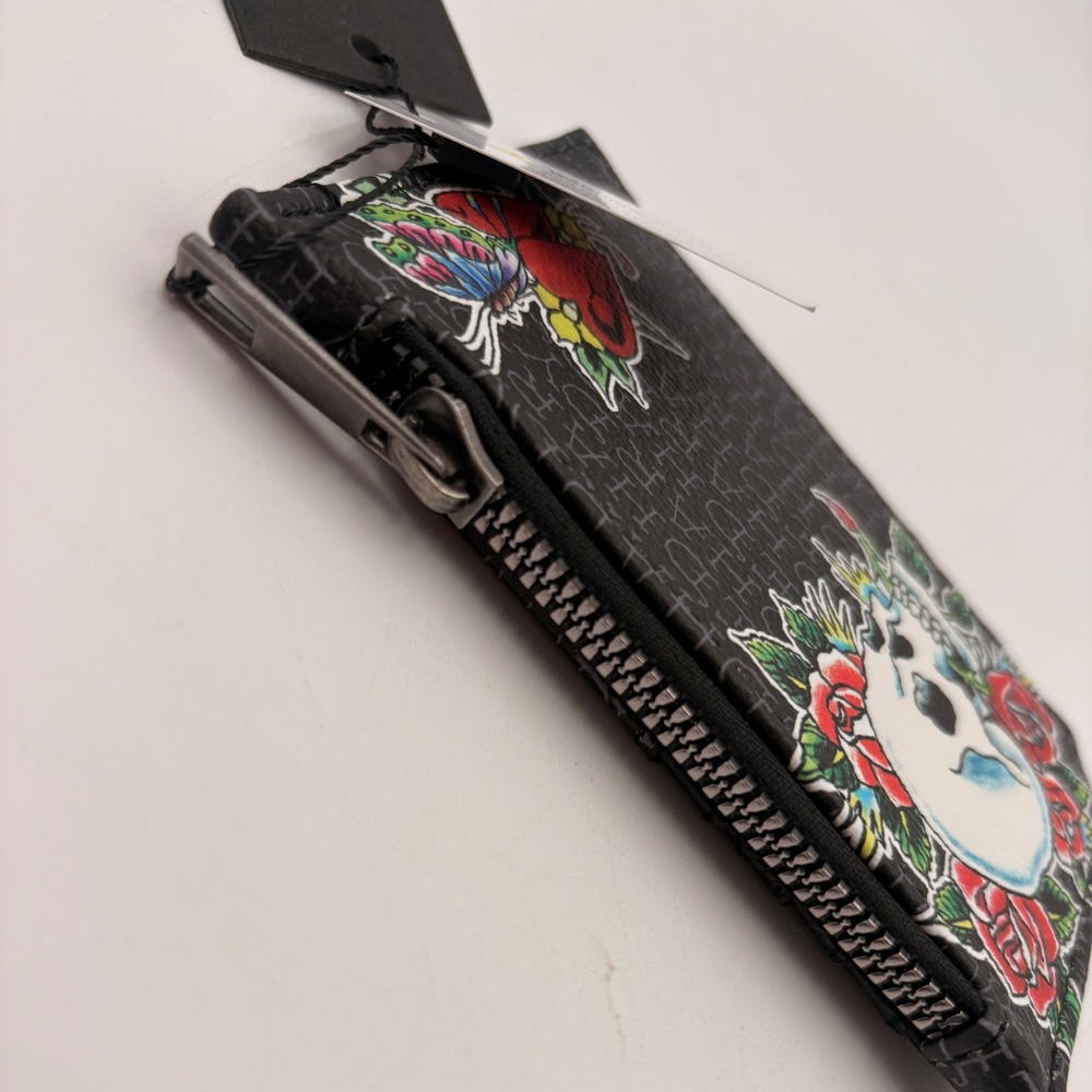 Ed Hardy Skull Rose Heart Butterfly Zip Card‎ Holder Wallet Black Tattoo - Picture 4 of 5